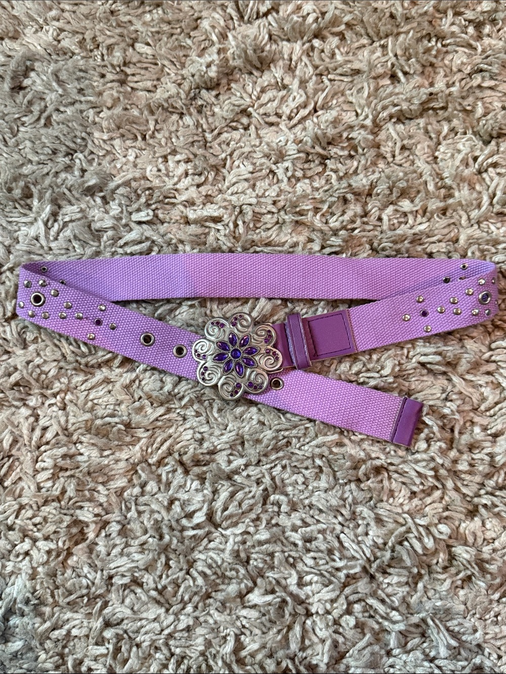 Vintage Y2K Purple Canvas Grommet Belt With Flower Buckle Fits Up To 28" Waist